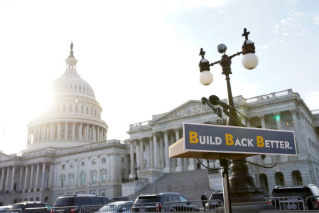 A lectern is seen before the start of a media event about the Build Back Better package with Senate Democrats outside the U.S. Capitol in Washington, December 15, 2021. 