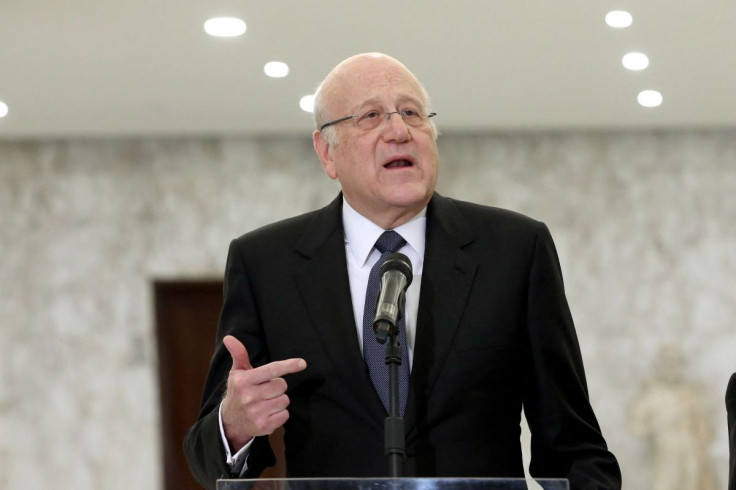Lebanese Prime Minister Najib Mikati speaks at the presidential palace in Baabda, Lebanon February 10, 2022. Dalati Nohra/Handout via REUTERS