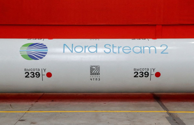 The logo of the Nord Stream 2 gas pipeline project is seen on a large diameter pipe at the Chelyabinsk Pipe Rolling Plant owned by ChelPipe Group in Chelyabinsk, Russia, February 26, 2020.