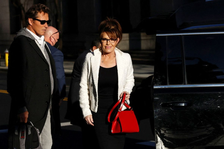 Sarah Palin, 2008 Republican vice presidential candidate and former Alaska governor, arrives with former NHL hockey player Ron Duguay during her defamation lawsuit against the New York Times, at the United States Courthouse in the Manhattan borough of New