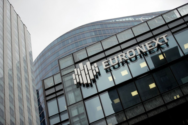 FILE PHOTO - The Euronext logo is seen at the financial and business district of La Defense, amid the outbreak of the coronavirus disease (COVID-19), in Paris, France, November 10, 2020.