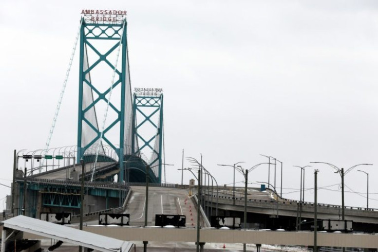 The Ambassador Bridge, which connects Detroit, Michigan, and Windsor, Canada is closed on February 10, 2022, in Detroit, due to trucker-led protests in Canada over Covid-19 mandates.