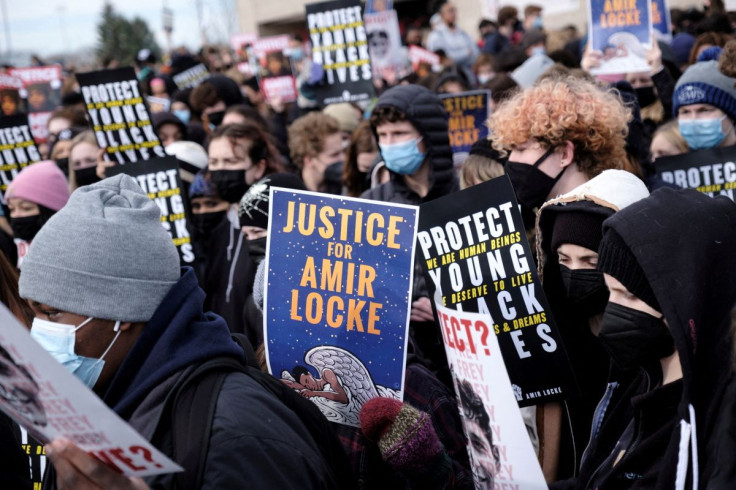 Students participate in a state-wide walkout demanding justice for Amir Locke a Black man who was shot and killed by Minneapolis police, in St. Paul, Minnesota, U.S., February 8, 2022.