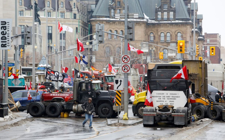 Trucks block downtown streets as truckers and their supporters continue to protest against the coronavirus disease (COVID-19) vaccine mandates, in Ottawa, Ontario, Canada, February 10, 2022. 