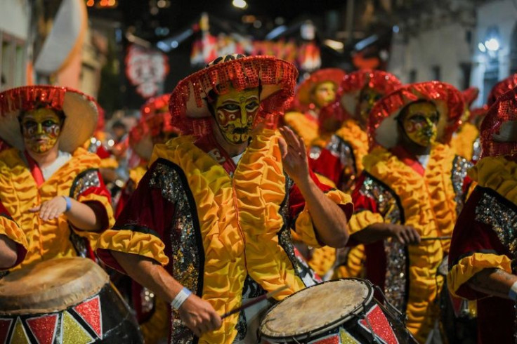 Drummers participating in Montevideo's "Llamadas" parade, one of the events that make up Uruguay's carnival -- the world's longest -- on February 10, 2022