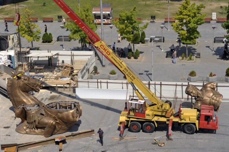 A general view of a new monument of Alexander the Great on his horse Bucephalus at the capital Skopje city square