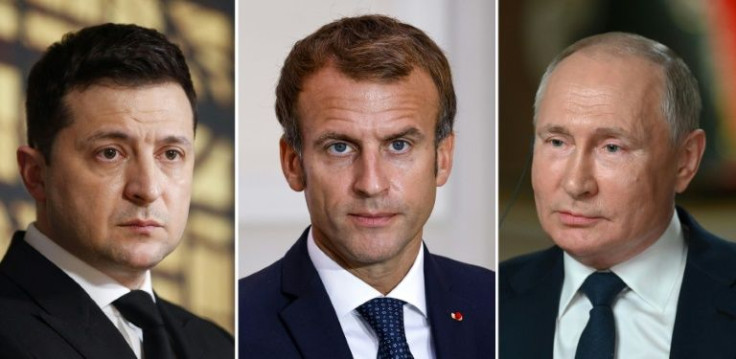 This combination of file photographs created on February 4, 2022, shows (L) Ukraine's President Volodymyr Zelensky, 2021, (C) French President Emmanuel Macron, and Russian President Vladimir Putin