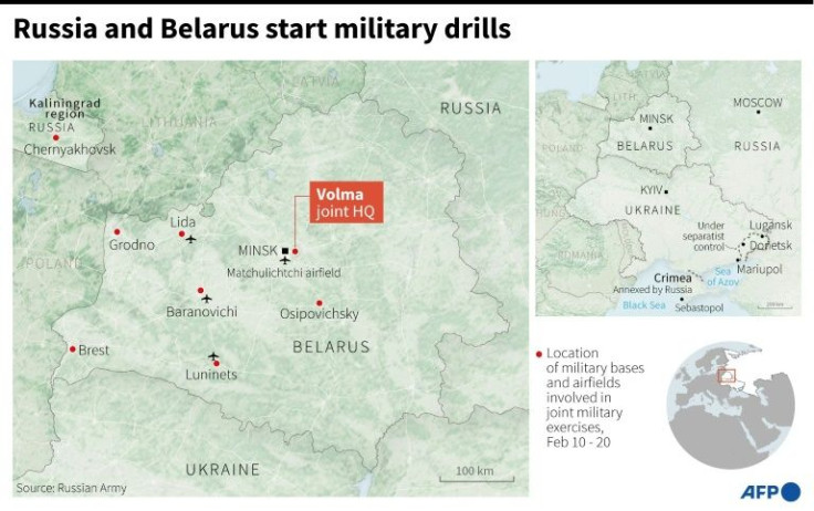Map of Belarus locating military bases and airfields involved in the joint military exercises with Russia, Feb 10-20.