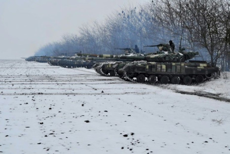 This handout picture taken and released by press-service of General Staff of the Armed Forces of Ukraine shows tanks of the Ukrainian army on maneuvers
