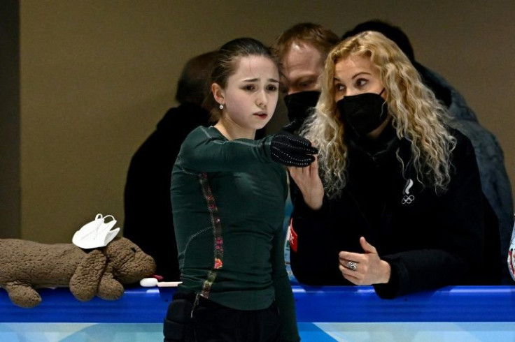 Kamila Valieva speaks to her coach Eteri Tutberidze at a training session