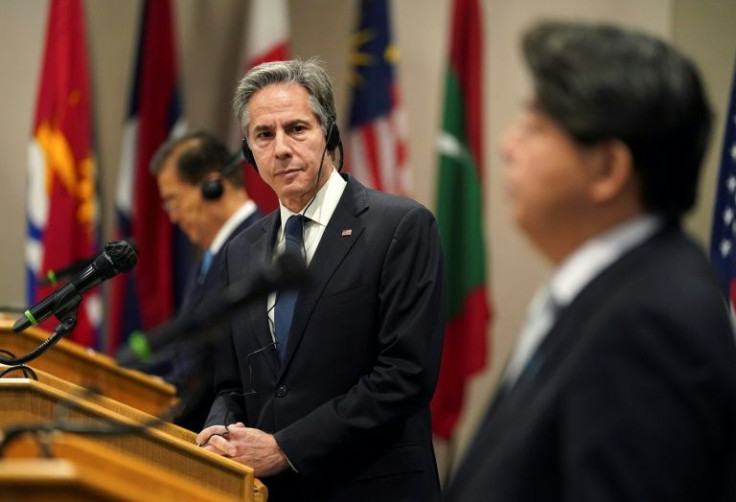US Secretary of State Antony Blinken (C) looks towards Japanese Foreign Minister Yoshimasa Hayashi (R) during a joint press availability along with South Korean Foreign Minister Chung Eui-yong (L) following their meeting in Honolulu