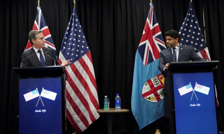 US Secretary of State Antony Blinken (L) takes part in a joint press availability with Fiji's acting Prime Minister Aiyaz Sayed-Khaiyum