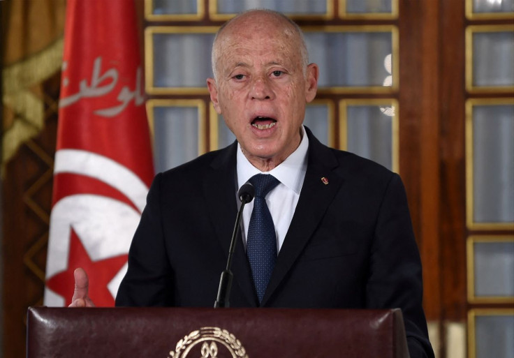 Tunisia's President Kais Saied gives a speech at the government's swearing-in ceremony at the Carthage Palace outside the capital Tunis, Tunisia February 27, 2020. Fethi Belaid/Pool via