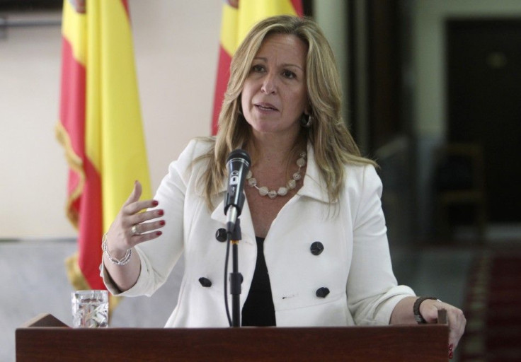 Spanish FM Jimenez speaks during news conference in Benghazi