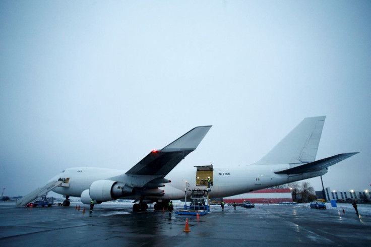 A plane carrying military aid, delivered as part of the United States' security assistance to Ukraine, is parked at the Boryspil International Airport outside Kyiv, Ukraine, February 5, 2022.