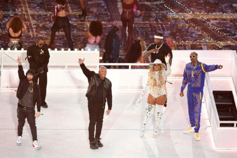 Eminem, Dr. Dre,  Kendrick Lamar, 50 Cent, Mary J. Blige and Snoop Dogg performed during the halftime show of Super Bowl LVI between the Los Angeles Rams and the Cincinnati Bengals in an ode to West Coast hip-hop