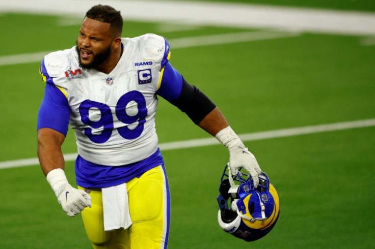 Aaron Donald of the Los Angeles Rams celebrates a sack of Cincinnati's Joe Burrow in the Rams' 23-20 Super Bowl victory on Sunday