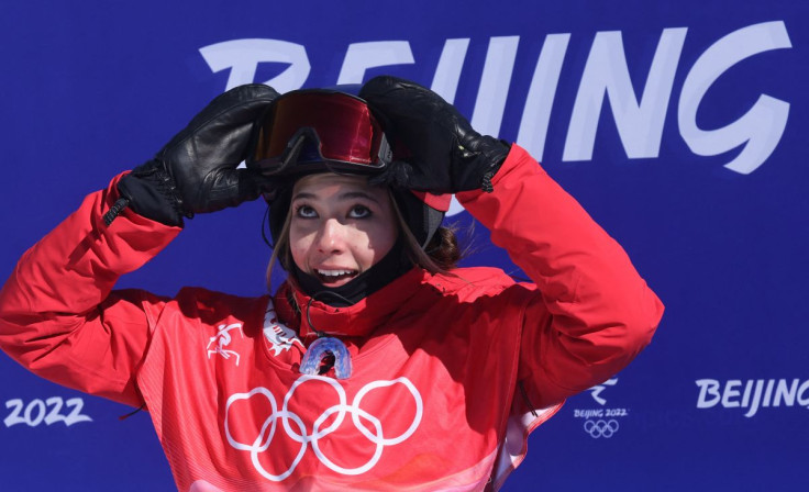 2022 Beijing Olympics - Freestyle Skiing - Women's Freeski Slopestyle - Qualification - Run 2 - Genting Snow Park, Zhangjiakou, China - February 14, 2022. Gu Ailing Eileen of China reacts after her run.