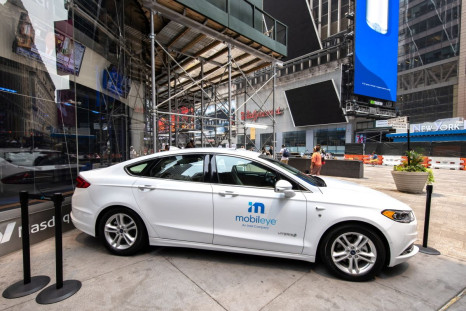A Mobileye driverless vehicle is seen at the Nasdaq Market site in New York, U.S., July 20, 2021. 
