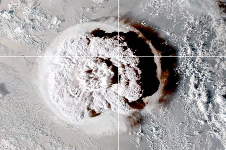 The eruption of an underwater volcano off Tonga, which triggered a tsunami warning for several South Pacific island nations, is seen in an image from the NOAA GOES-West satellite taken at 05:00 GMT January 15, 2022. CIRA/NOAA/Handout via