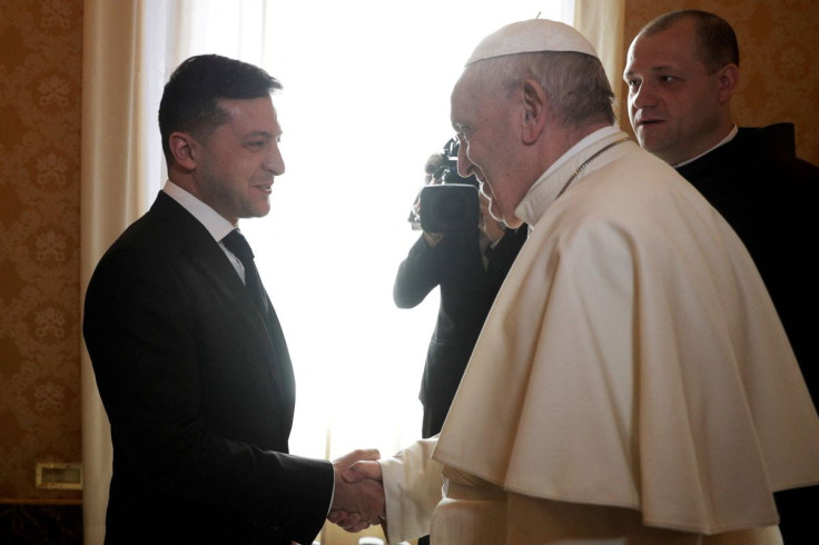 Pope Francis meets with Ukrainian President Volodymyr Zelensky during a private audience at the Vatican, February 8, 2020. Gregorio Borgia/Pool via 