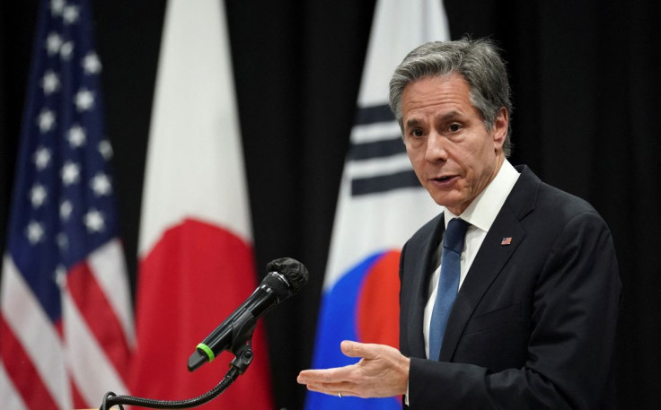U.S. Secretary of State Antony Blinken speaks during a joint press availability with South Korean Foreign Minister Chung Eui-yong and Japanese Foreign Minister Yoshimasa Hayashi following their meeting in Honolulu, Hawaii February 12, 2022.