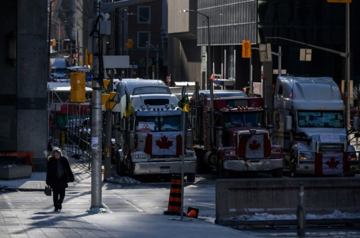 Protester vehicles blocking a road in Ottawa on February 14, 2022