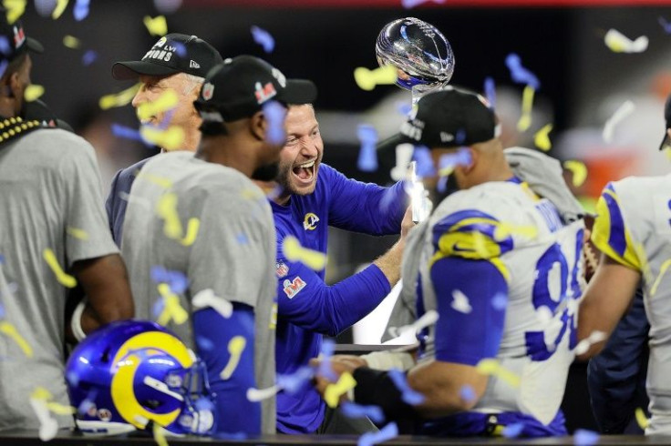 Los Angeles Rams head coach Sean McVay celebrates Sunday's Super Bowl win with his players