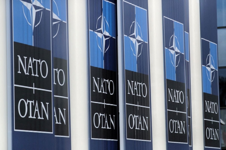 NATO logos are seen at the Alliance headquarters ahead of a NATO Defence Ministers meeting, in Brussels, Belgium, October 21, 2021. 