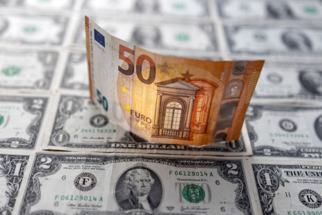 A Euro banknote is displayed on U.S. Dollar banknotes in this illustration taken, February 14, 2022. 