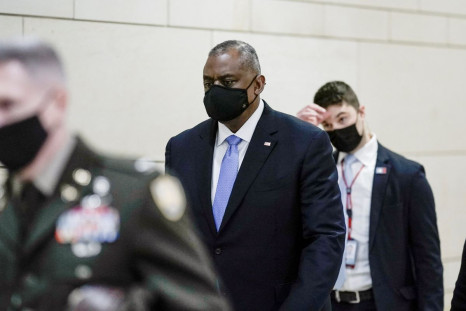 U.S. Defense Secretary Lloyd Austin departs a U.S. Senate classified briefing on the ongoing tensions between Russia and Ukraine, on Capitol Hill in Washington, D.C., U.S., February 3, 2022.