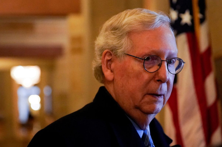 U.S. Senate Minority Leader Mitch McConnell (R-KY) speaks to a reporter outside his office at the U.S. Capitol in Washington, U.S., January 18, 2022. 