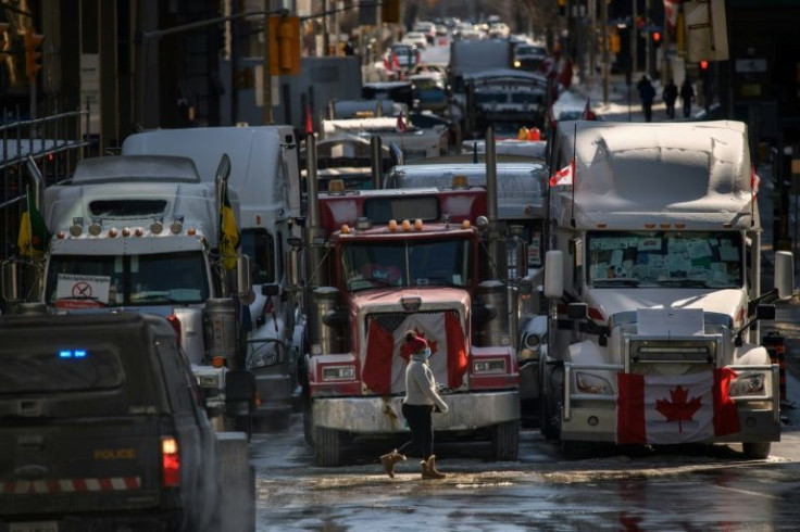 Trucks blocking a road outside the Canadian parliament in Ottawa on February 15, 2022