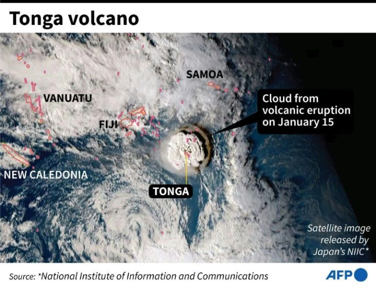 Satellite image showing cloud from the volcano that erupted in Tonga on January 15.