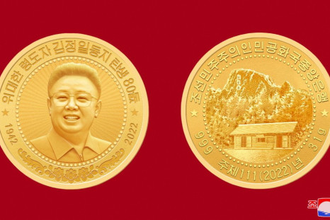 A golden commemorative coin with lettering "The 80th Birth Anniversary of the Great Leader Comrade?Kim Jong II", which is to be minted on the occasion of the 80th birth anniversary of former leader?Kim Jong II, is pictured in this undated photo released o