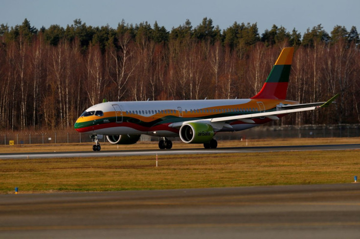 AirBaltic Airbus A220-300 plane YL-CSK painted in Lithuanian national colors takes off in Riga International Airport in Riga, Latvia January 17, 2020.
