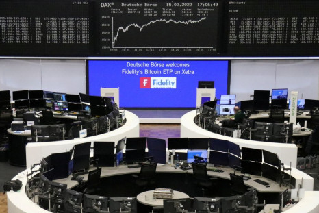 The German share price index DAX graph is pictured at the stock exchange in Frankfurt, Germany, February 15, 2022.    