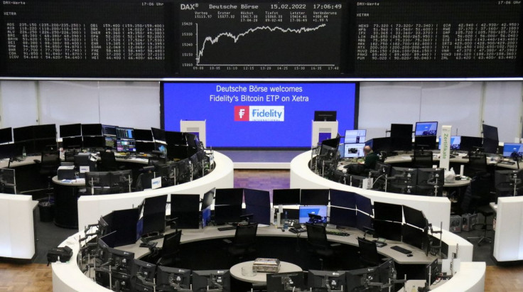 The German share price index DAX graph is pictured at the stock exchange in Frankfurt, Germany, February 15, 2022.    