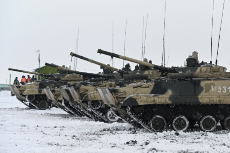 A view shows Russian BMP-3 infantry fighting vehicles during drills held by the armed forces of the Southern Military District at the Kadamovsky range in the Rostov region, Russia January 27, 2022. 