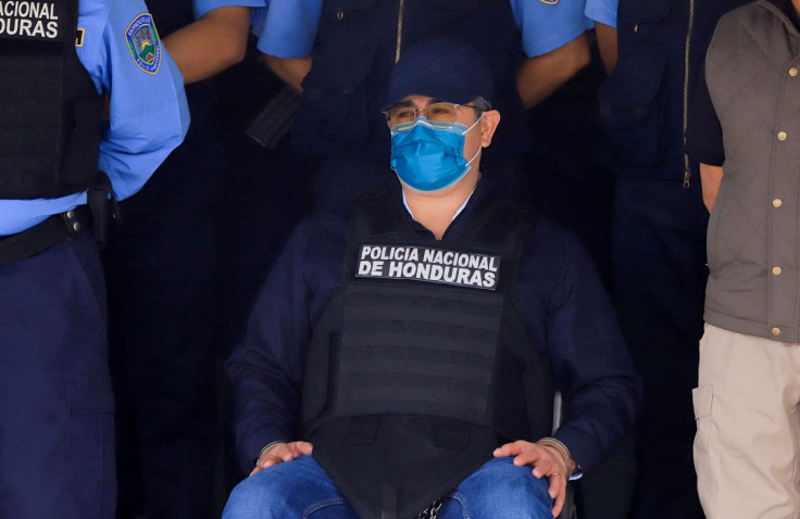 Former Honduras President Juan Orlando Hernandez looks on at the Police Special Forces after being detained by members of the Honduras National Police in Tegucigalpa, Honduras February 15, 2022. 