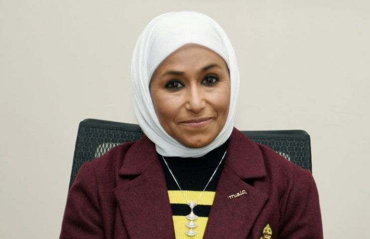 Yoga instructor Eman al-Husseinan at a press conference in Kuwait City on February 6, 2022, amid the controversy over a women's yoga retreat