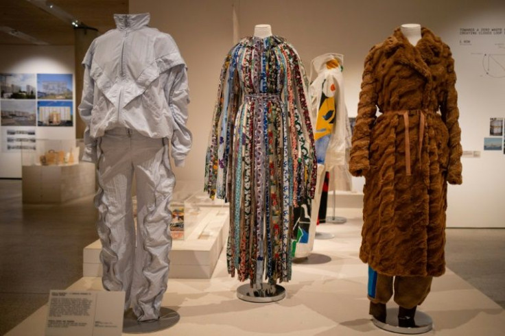 These clothes made from waste materials were designed by Stella McCartney and displayed at the exhibition "Waste Age: What can design do?" at London's Design Museum
