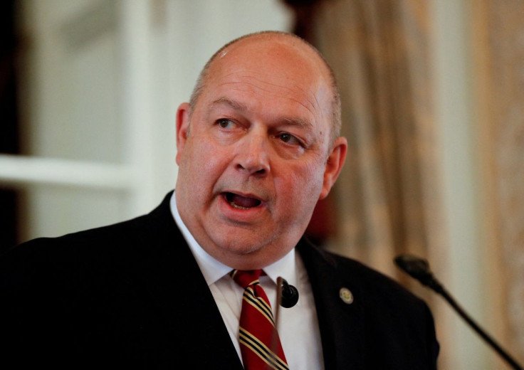 Steve Dickson, Administrator of the Federal Aviation Administration, speaks at the UK Aviation Club about the Boeing 737 MAX, in London, Britain, February 6, 2020. 