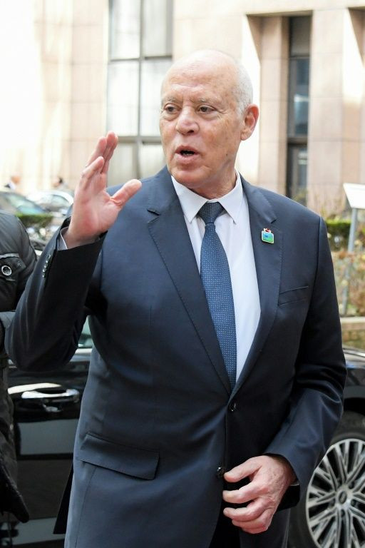 Tunisia's President Kais Saied arrives at a European Union and African Union summit in Brussels on February 17, 2022