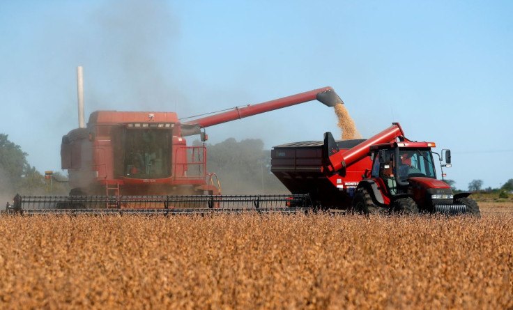 A combine harvester is used to harvest soybeans on a farmland in Chivilcoy, on the outskirts of Buenos Aires, Argentina April 8, 2020.
