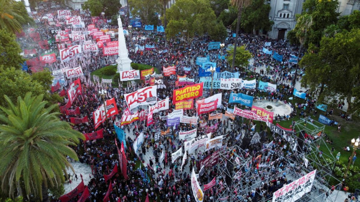 A general view shows a protest against the government's agreement with the International Monetary Fund (IMF), in Buenos Aires, Argentina February 8, 2022. Picture taken with a drone. 
