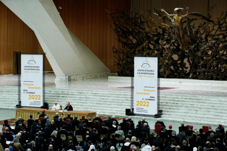 Pope Francis addresses along with Cardinal Marc Ouellet of Canada by his side at the venue where Pope Francis will inaugurate the work of the International Symposium "For a fundamental theology of the priesthood" at the Vatican, February 17, 2022.