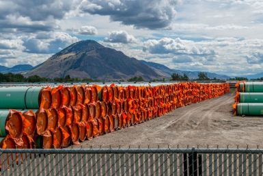 Steel pipe to be used in the oil pipeline construction of the Canadian governmentâs Trans Mountain Expansion Project lies at a stockpile site in Kamloops, British Columbia, Canada June 18, 2019. 