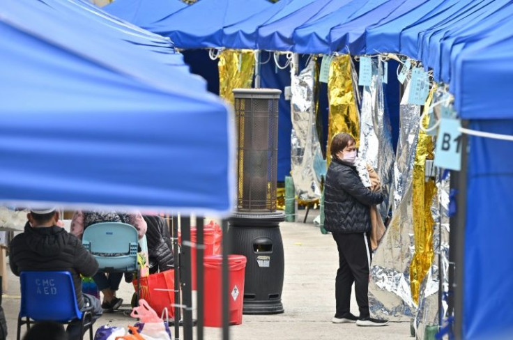 A makeshift camp set up for Covid-19 patients due to limited space inside is pictured outside the Caritas Medical Centre in Hong Kong