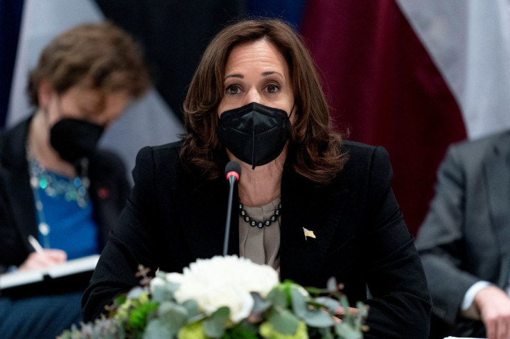 U.S. Vice President Kamala Harris speaks during a meeting with Estonian Prime Minister Kaja Kallas, Latvian President Egils Levits, and Lithuanian President Gitanas Nauseda at the Munich Security Conference in Munich, Germany February 18, 2022. Andrew Har